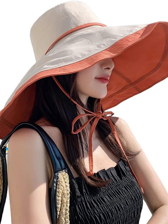 Women Wide Brim Summer Sun Hat Wired Edge Beach Bucket Fishing Hats Orange Beige main image 5
